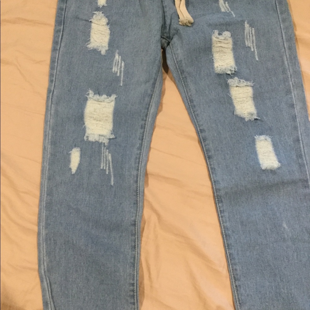 DISTRESSED DRAWSTRING WAIST CROPPED JEANS - Picture 5 of 7